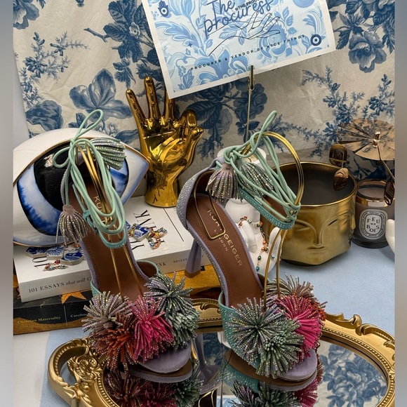 🆕 KURT GEIGER LONDON 🧿 NWOB Lilac & Teal Pom Pom Tie Ankle Heel, Sz 36 US 6 - Picture 1 of 15